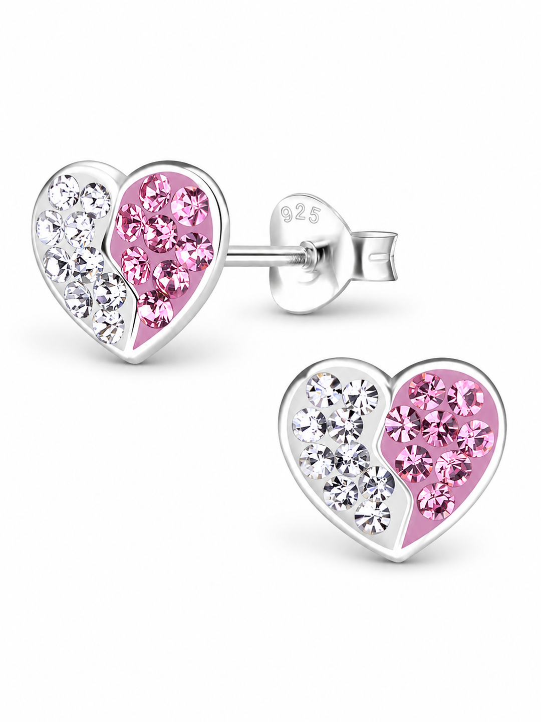 Sterling Silver Stud Earrings Sparkling Pink and White Heart Mia Belle Girls