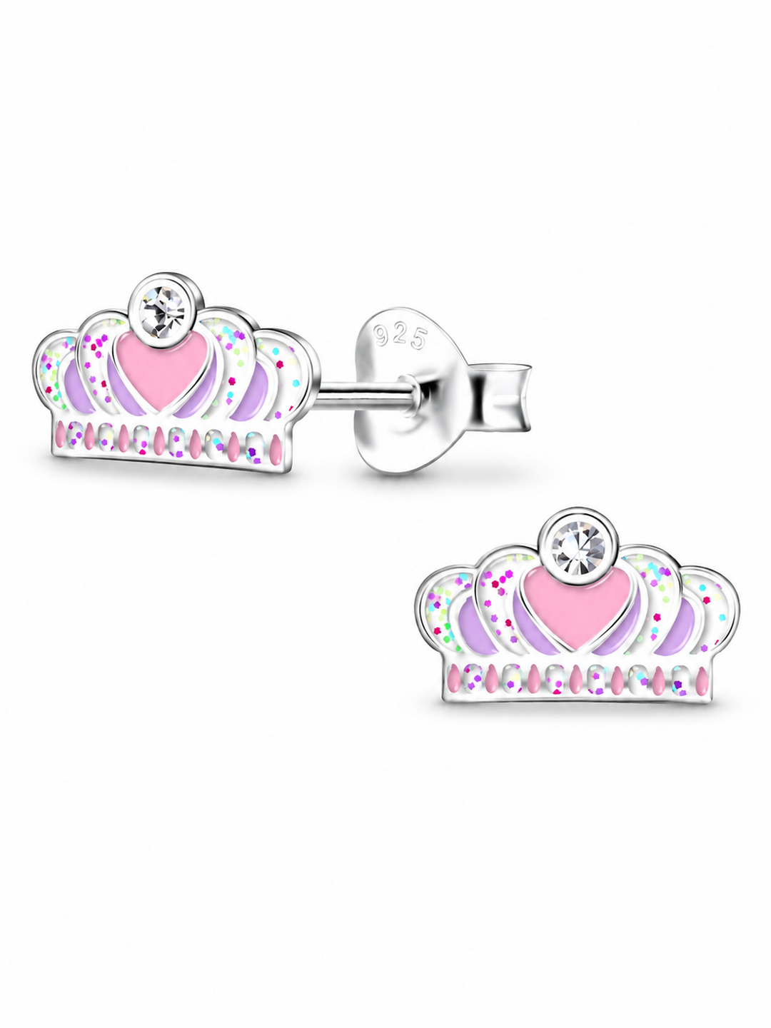 Sterling Silver Stud Earrings Sparkling Pink Crown Mia Belle Girls