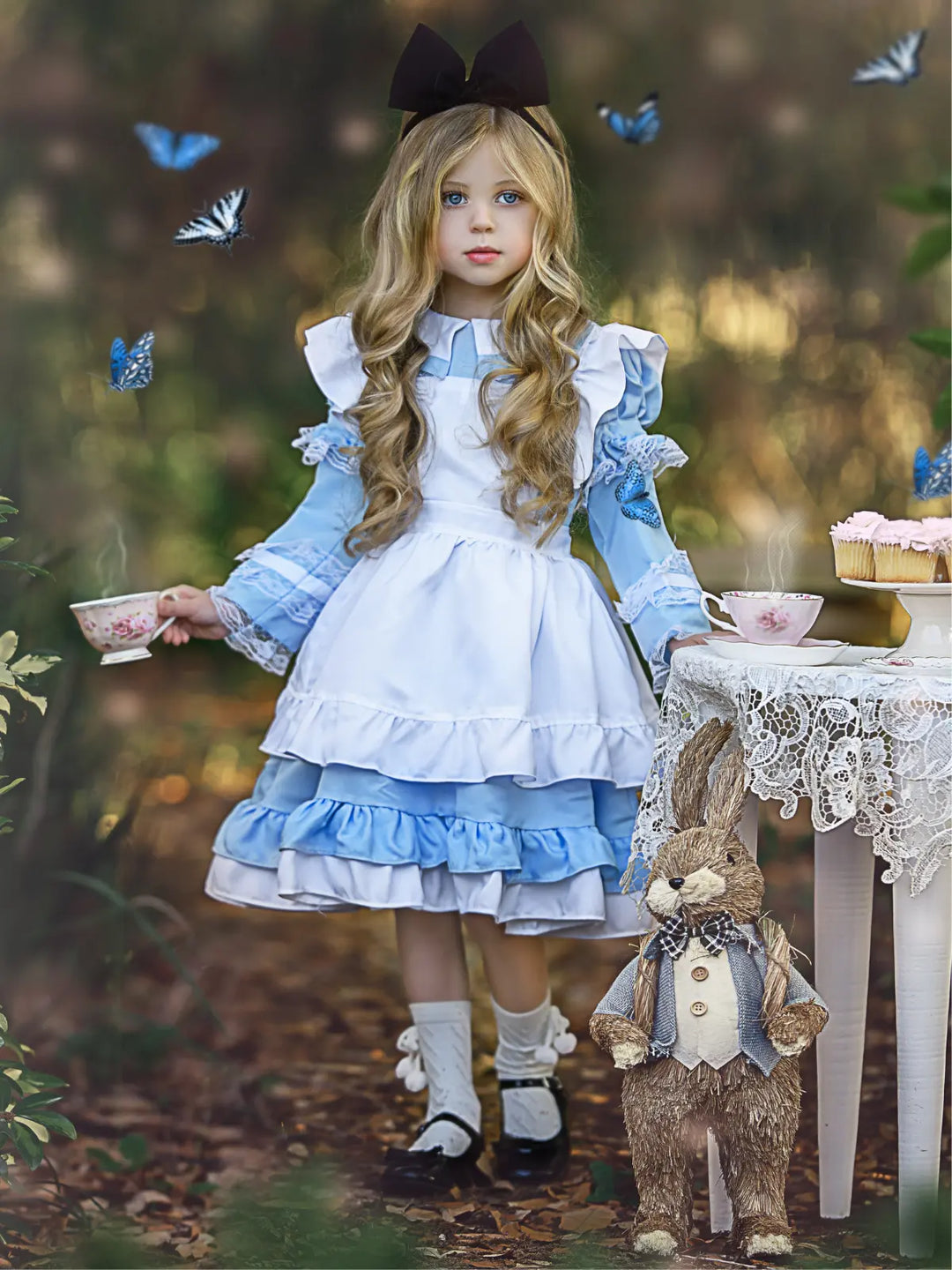 Girls Enchanted Alice Ruffled 3-Piece Costume Dress Blue / 7Y/8Y Girls Enchanted Alice Ruffled 3-Piece Costume Dress Blue / 7Y/8Y
