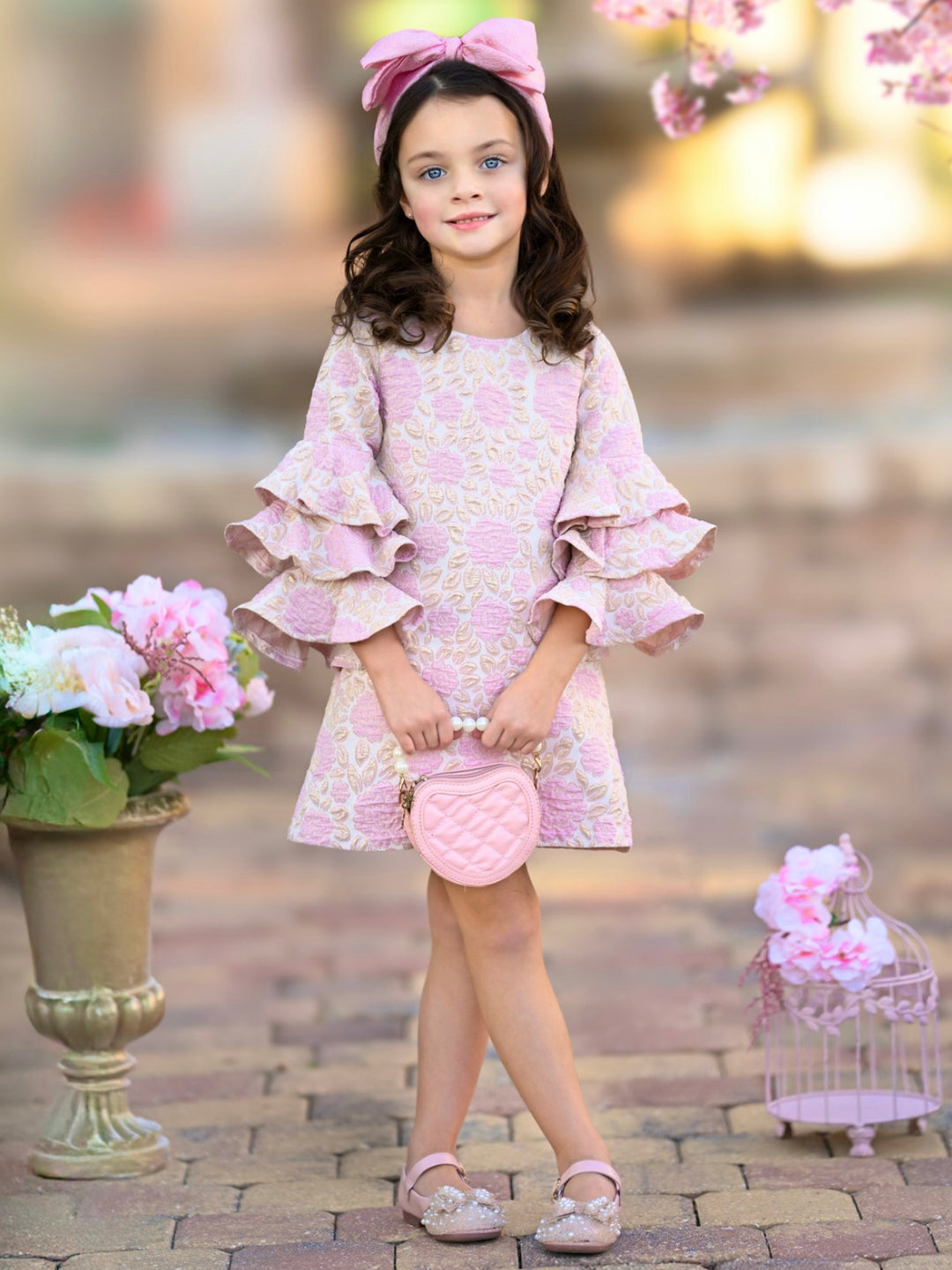 Blossoming Pink Ruffle Sleeve Dress Mia Belle Girls Blossoming Pink Ruffle Sleeve Dress Mia Belle Girls