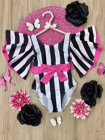 Pop Of Pink Flare Sleeve Striped One Piece Swimsuit