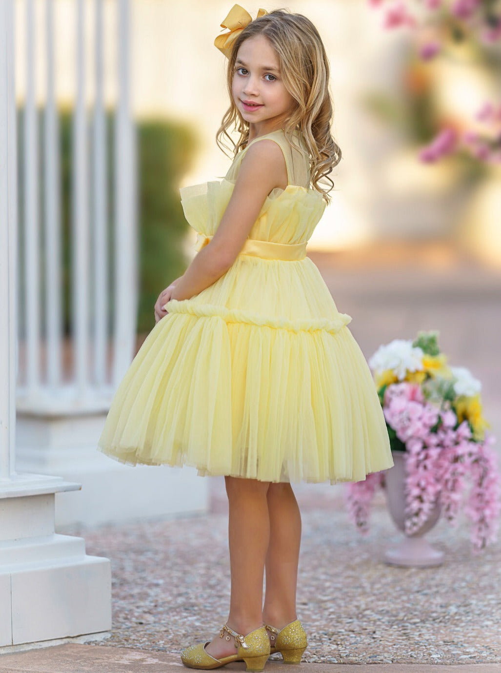 Little Girls Formal Dresses Yellow Ruffle Tulle Belted Party