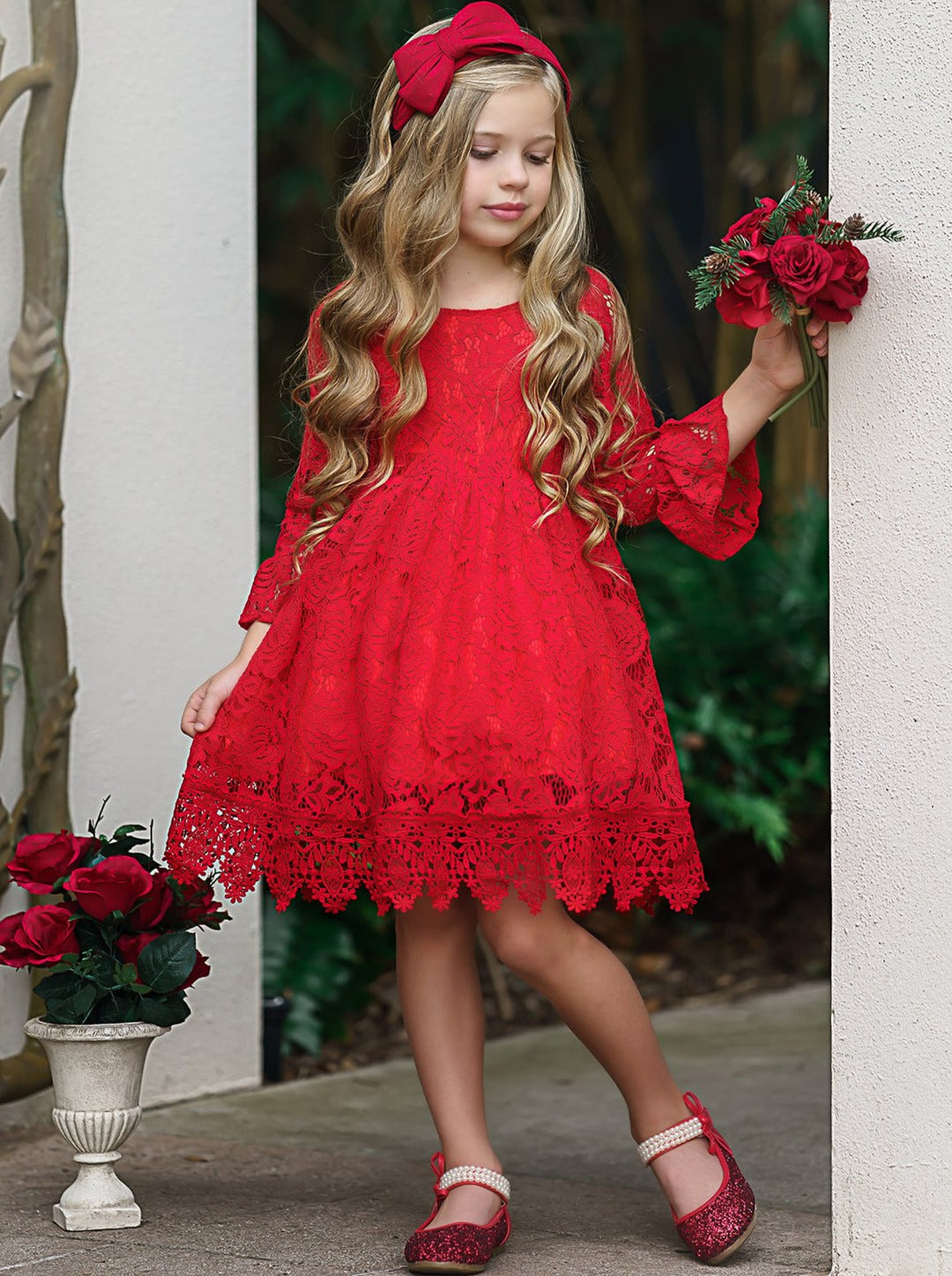 Little Girls Dresses | Long Sleeve Floral Lace Dress - Mia Belle Girls