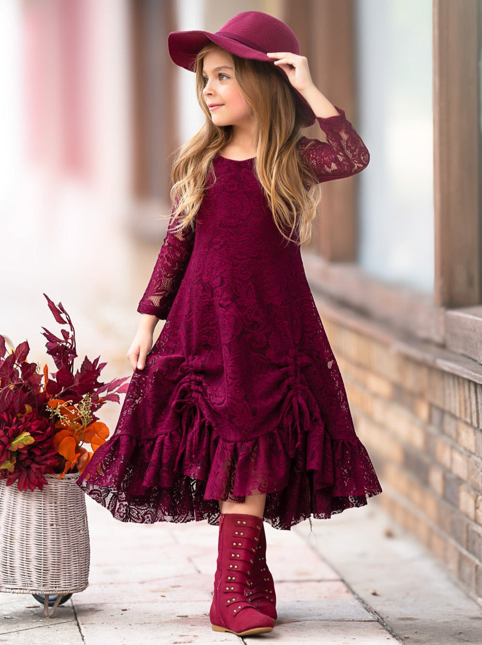Burgundy Hi-Lo Drawstring Lace Ruffle Dress Mia Belle Girls Burgundy Hi-Lo Drawstring Lace Ruffle Dress Mia Belle Girls