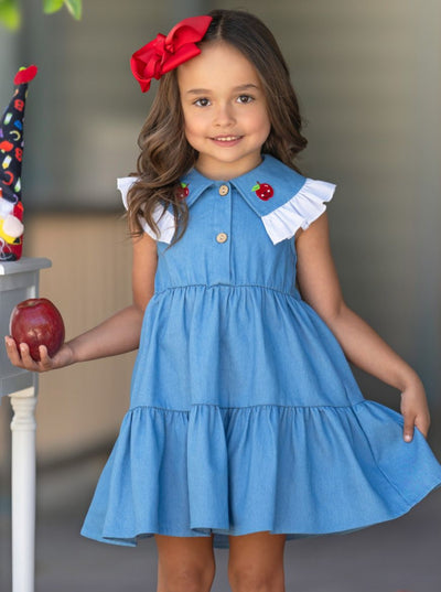 Mia Belle Girls Ruffle Collar Denim Dress | Back To School Dresses