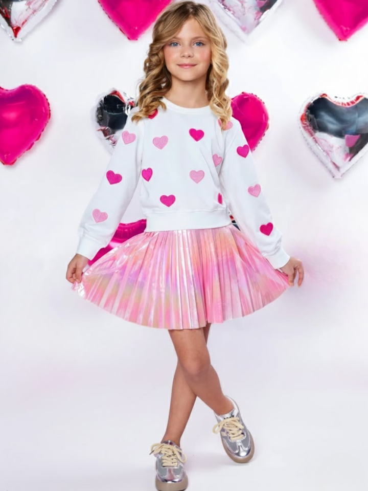 Sweet Heart Embroidered Top and Metallic Pleated Skirt Set