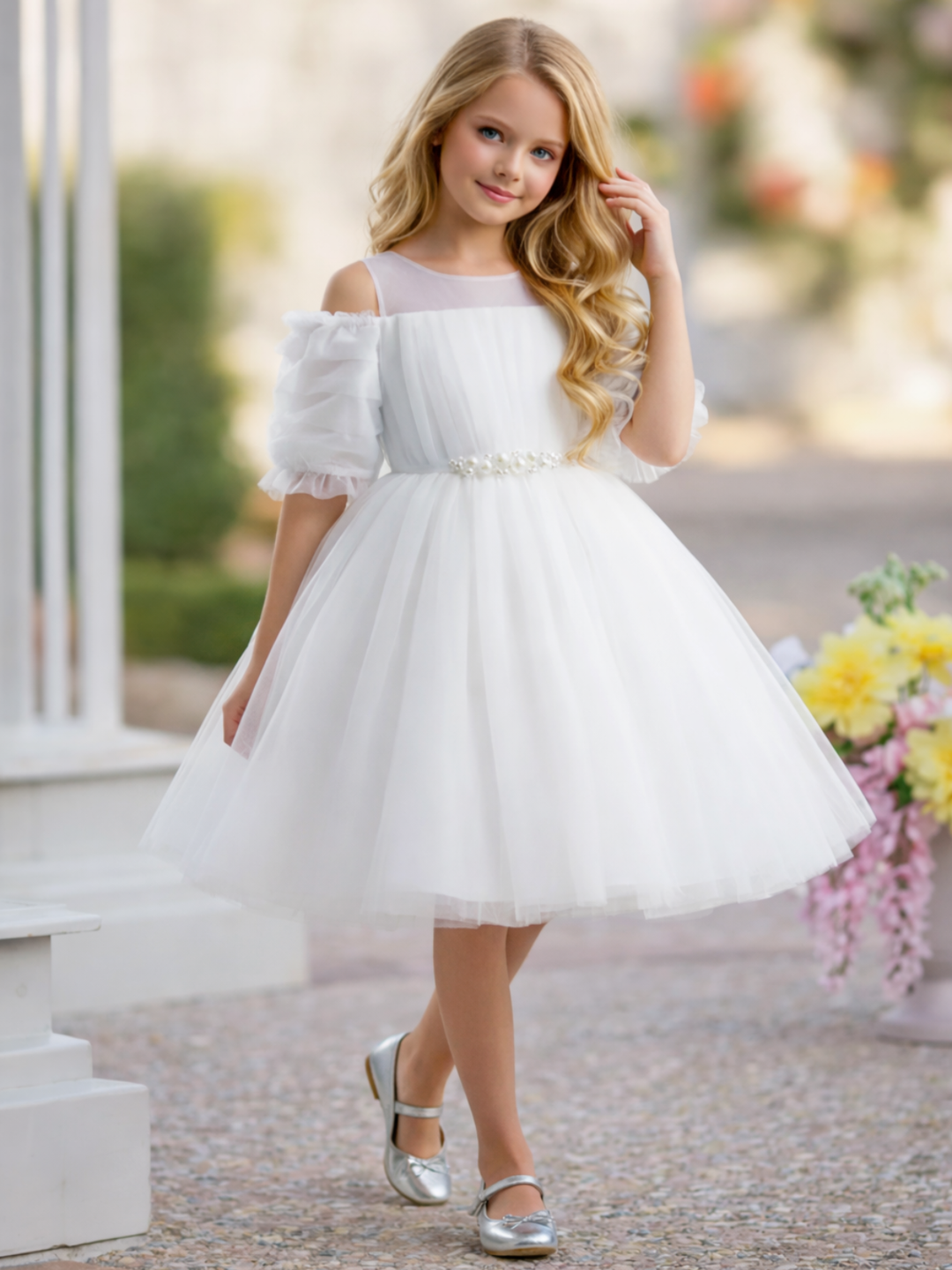 Girls Dazzling Tulle Puff Sleeve Dress
