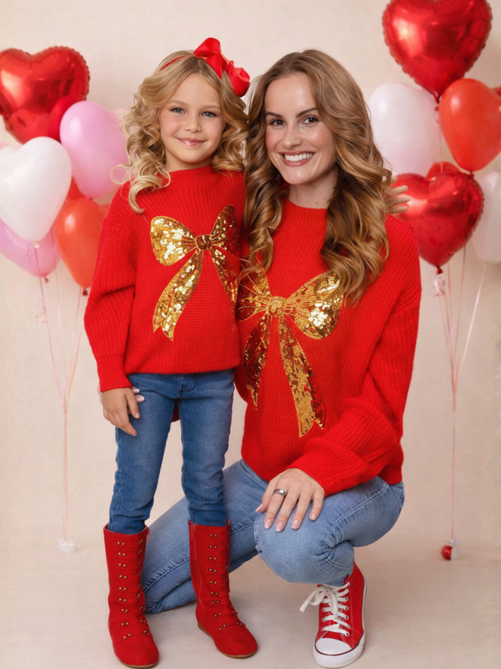 Mommy and Me Golden Glow Sequin Bow Sweater