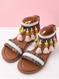 Boho Breeze Tassel Print Slip-On Sandals