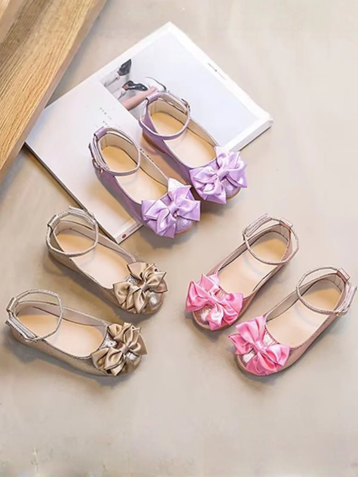 girls bow dress shoes gold pink purple ankle strap flats