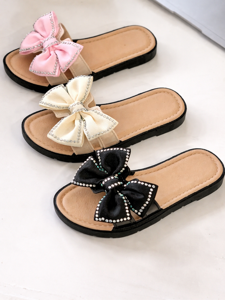 girls bow slide sandals pink beige black summer shoes