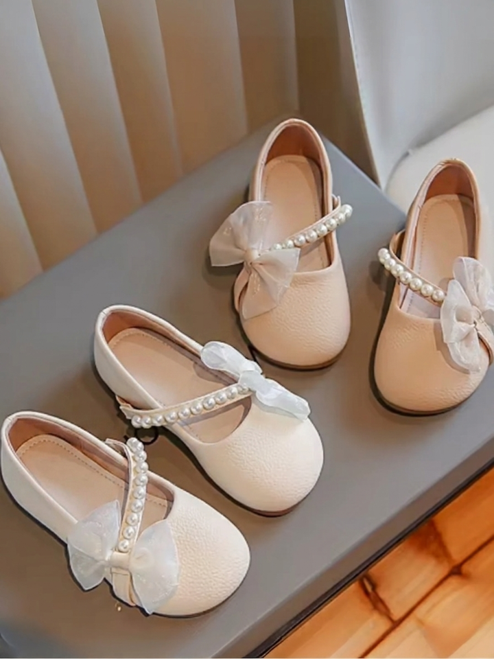 girls wedding shoes bow detail pearl strap classic flats