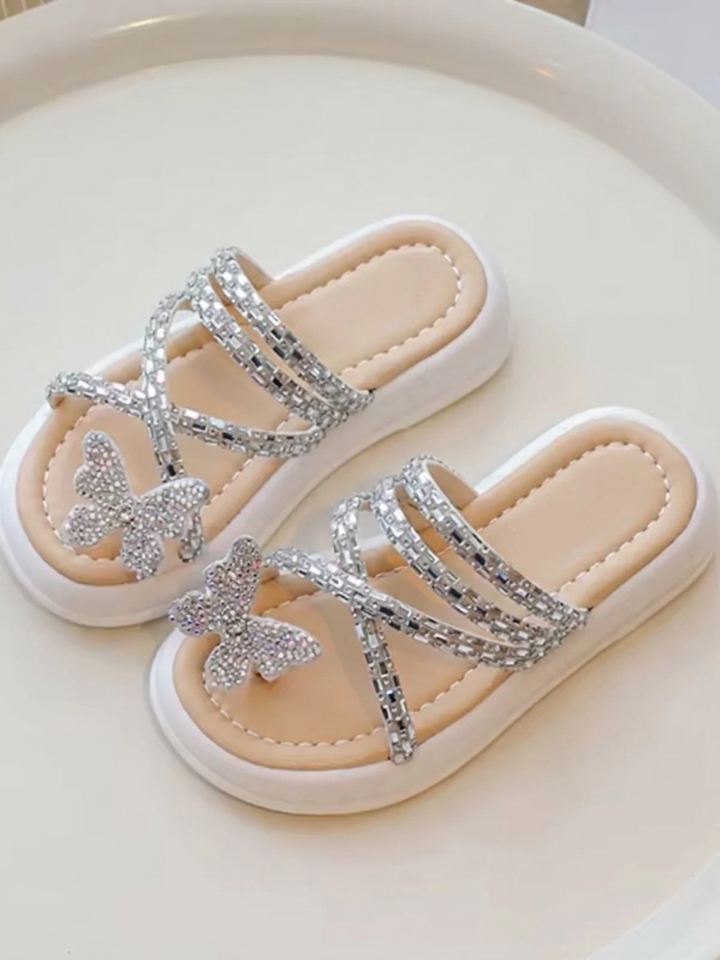 white rhinestone sandals for girls butterfly strappy slide