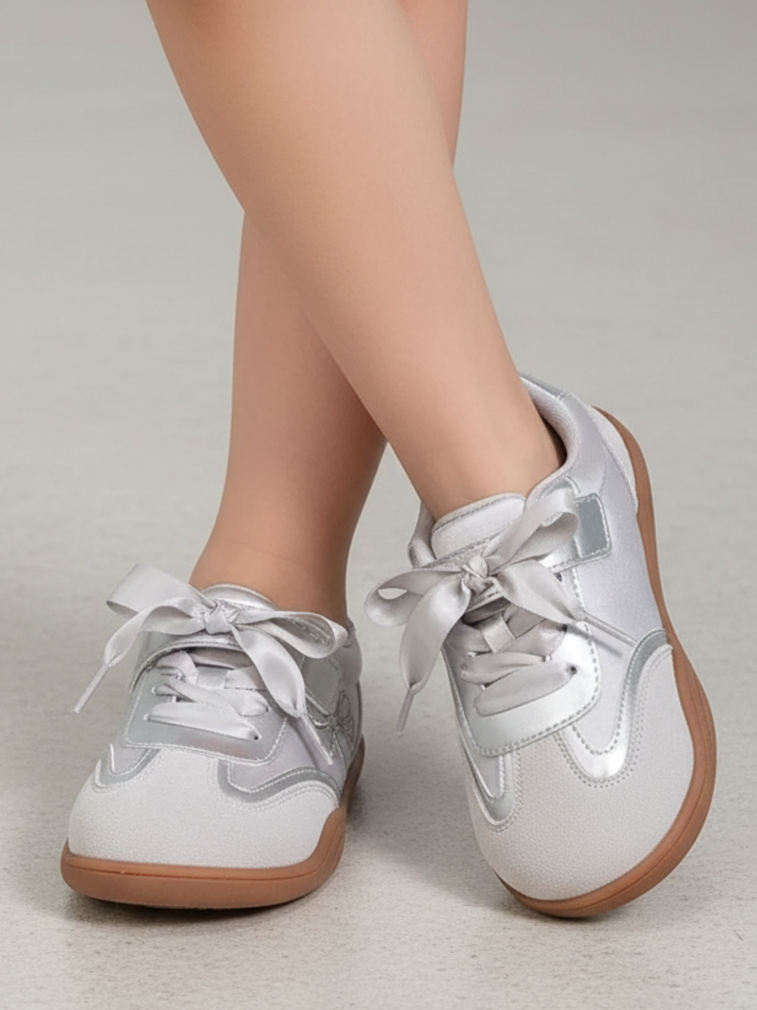 Silver Shine Bow Ribbon Lace Sneakers Mia Belle Girls