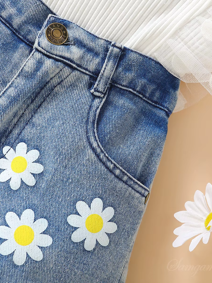 Daisy Dream Flutter Sleeve Top and Denim Short Set