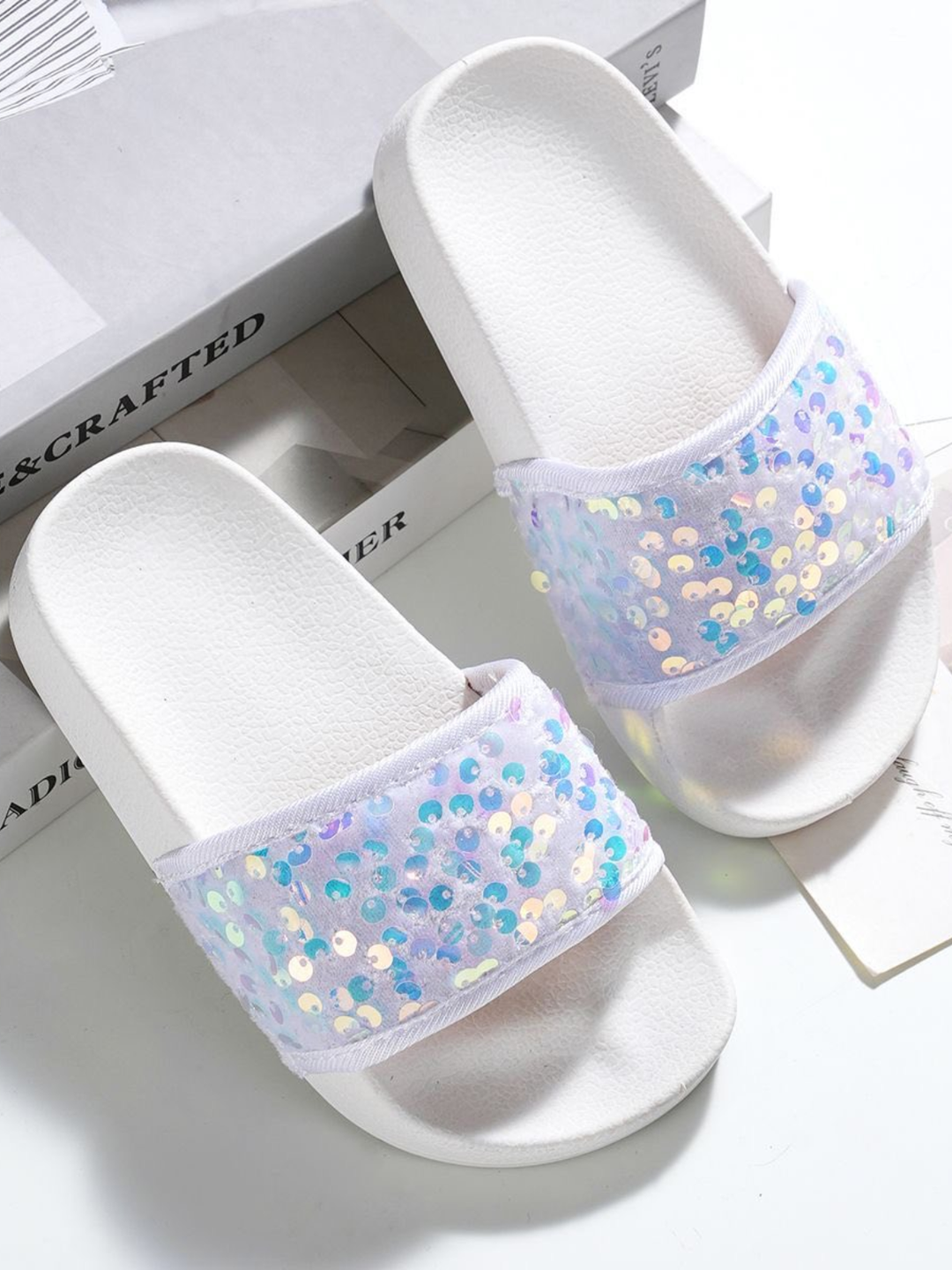 Seaside Sparkle White Sequin Slides by MB Shoes
