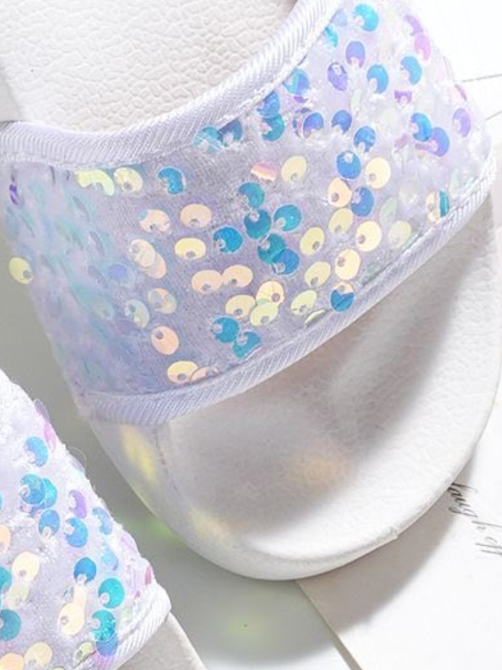 Seaside Sparkle White Sequin Slides by MB Shoes