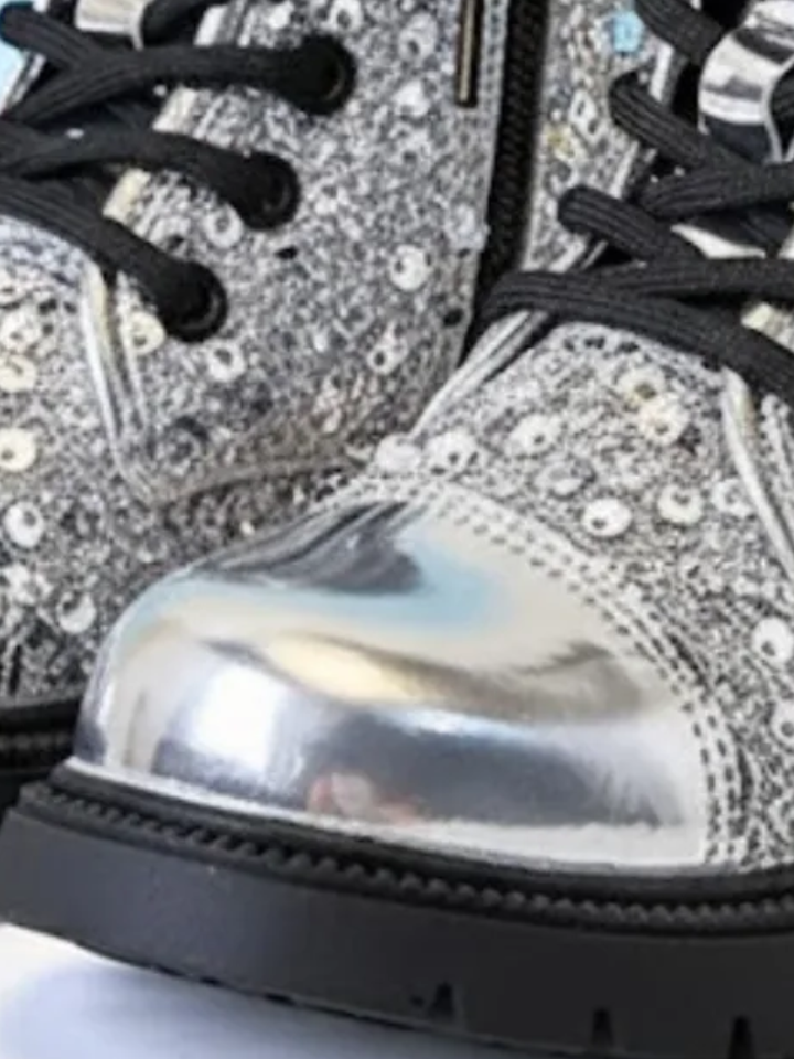 Girls Silver Sequined Combat Boots by Liv and Mia