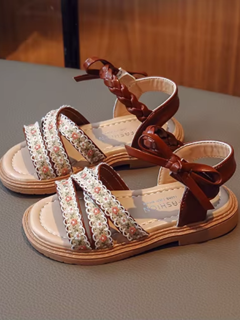 brown toddler sandals floral strap bow detail summer shoes