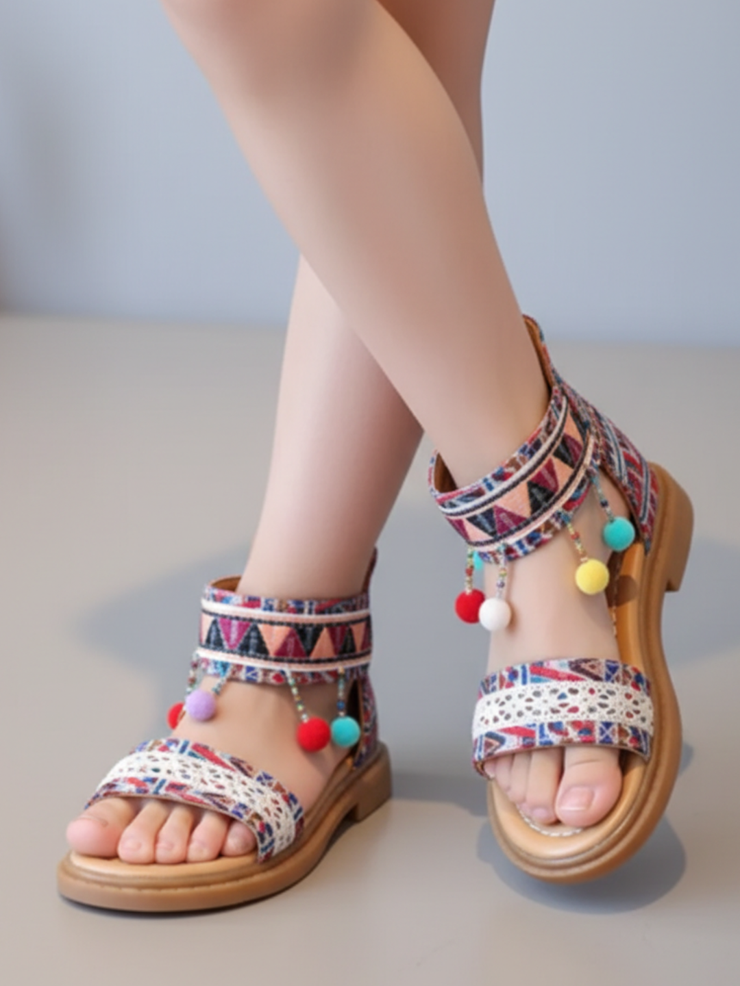 Girls' Boho Tribal Print Sandals with Pom-Poms By Liv and Mia Mia Belle Girls