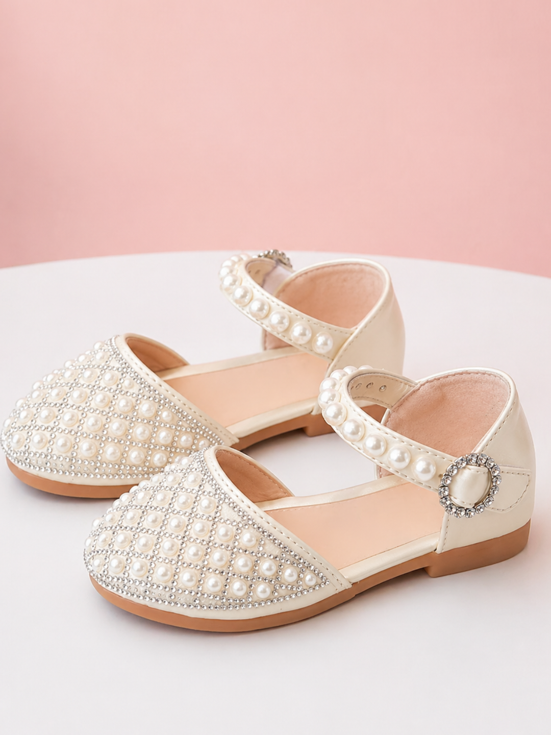 beige pearl shoes for girls elegant closed toe flats