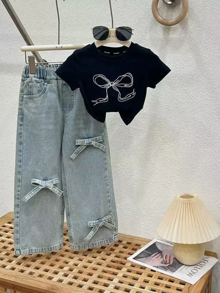 Chic Bow Denim Wide Leg Set