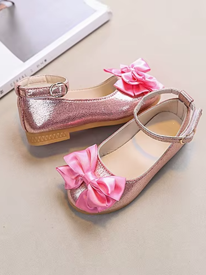 pink girls dress flats shimmer bow ankle strap shoes