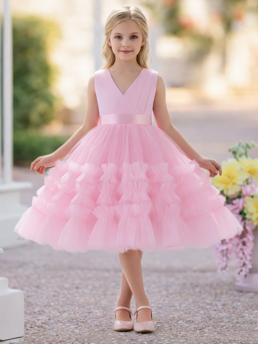 Blushing In Glam Pink Ruffle Tulle Gown Mia Belle Girls