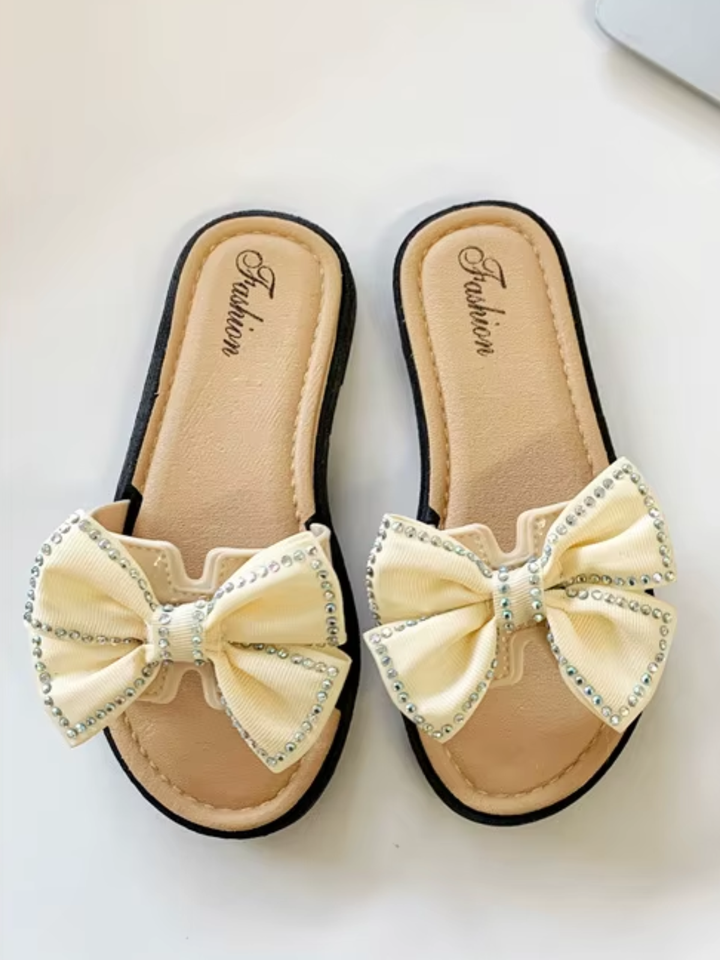 beige girls sandals bow detail slip on casual summer shoes