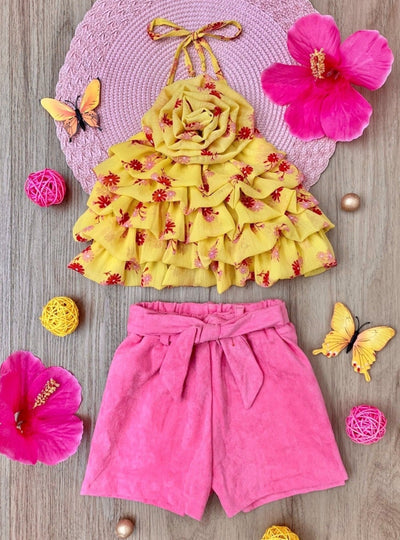 My Darling Blossom Yellow Rosette Tiered Top And Shorts Set