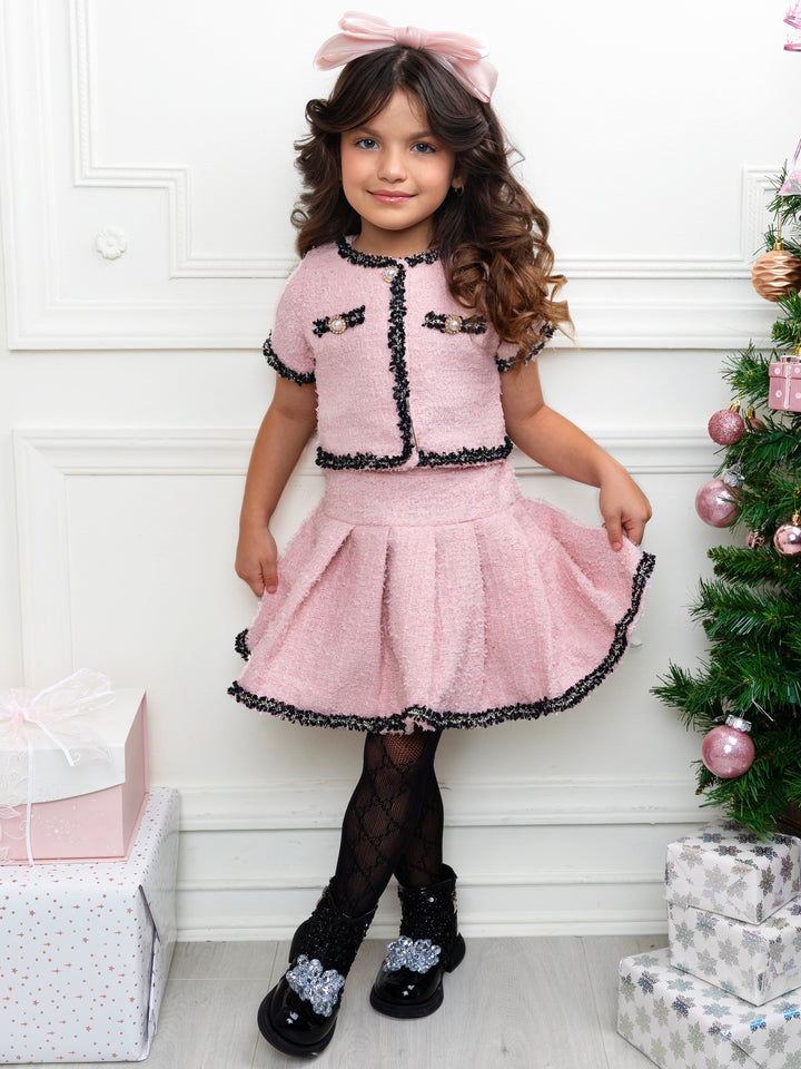Pink Preppy Boucle Matching Jacket and Pleated Skirt Set