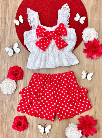 Mia Belle Girls Lace Top and Ruffle Short Set | Girls Spring Outfits