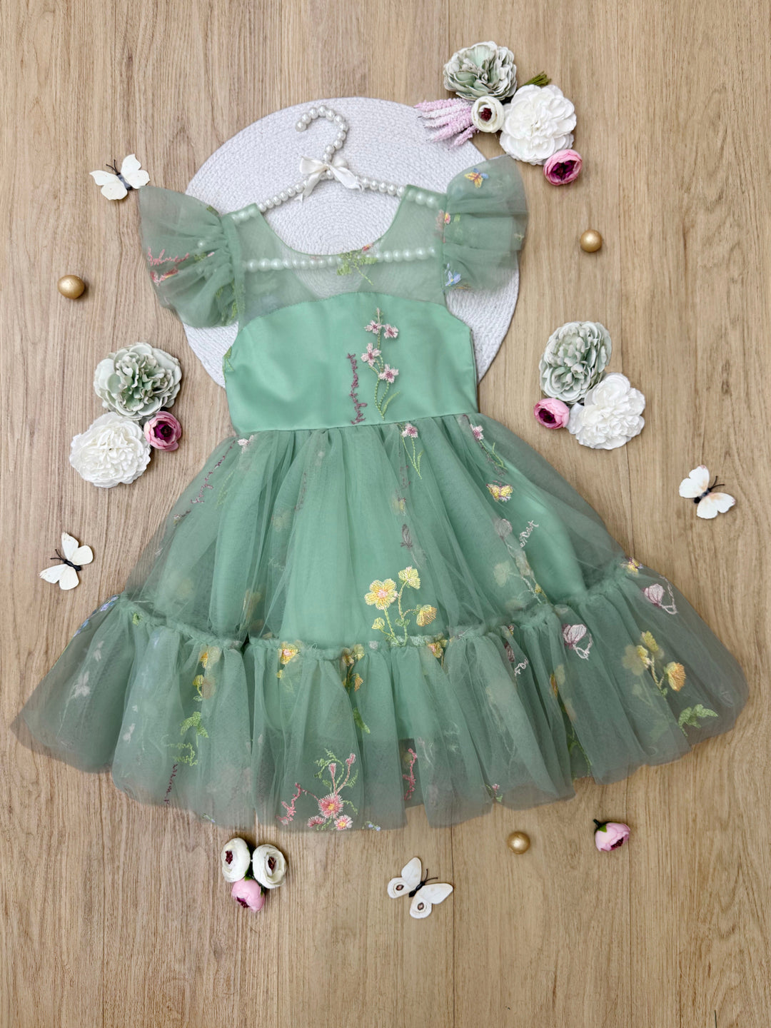 Emerald Fairy Garden Embroidered Floral Tutu Dress Green / 7Y/8Y Emerald Fairy Garden Embroidered Floral Tutu Dress Green / 7Y/8Y