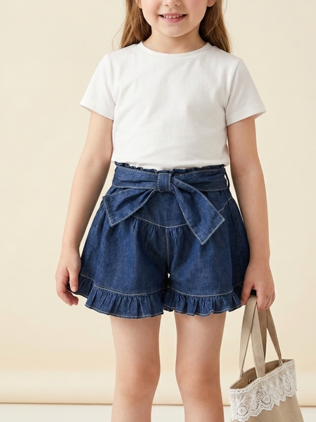 Ruffle Hem Bow Soft Denim Shorts Mia Belle Girls