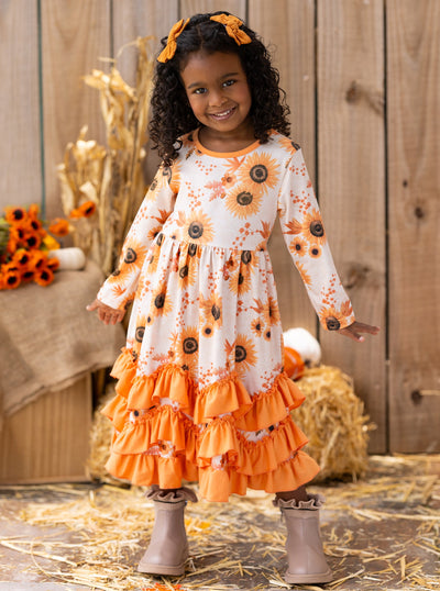 Little Girls Cute Fall Floral Tiered Ruffle Dress - Mia Belle Girls