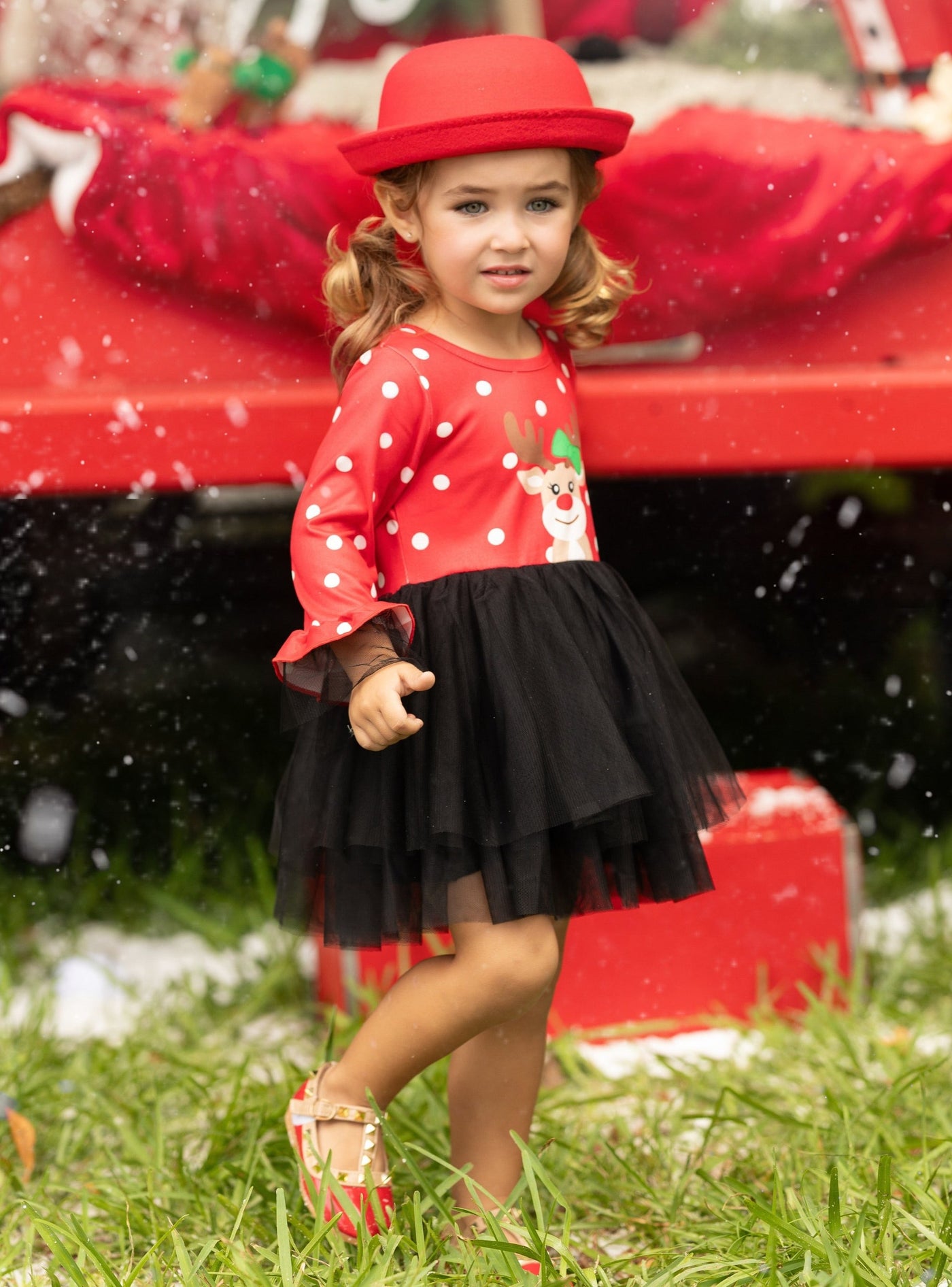 Girls Winter Dresses | Reindeer Polka Dot Tutu Dress | Christmas Dress