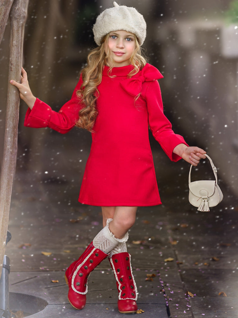 Little Girls Fall Bow Accent Red A-Line Dress - Mia Belle Girls Little Girls Fall Bow Accent Red A-Line Dress - Mia Belle Girls