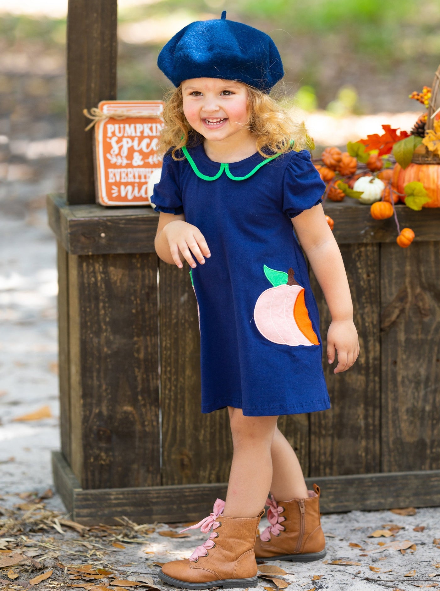Girls Fall Pumpkin Patch Chambray A-Line Dress - Mia Belle Girls 