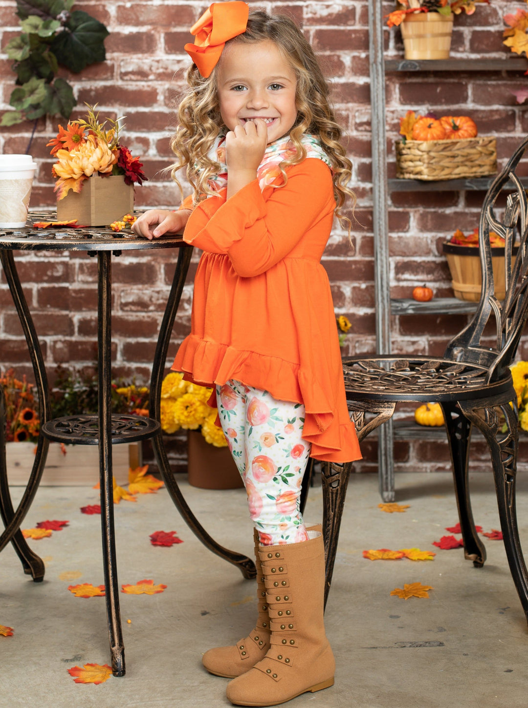 Little girls Fall long-sleeve hi-lo tunic with ruffle hem and cuffs, floral print leggings, and matching infinity wrap scarf  - Mia Belle Girls