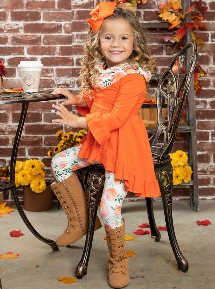 Little girls Fall long-sleeve hi-lo tunic with ruffle hem and cuffs, floral print leggings, and matching infinity wrap scarf  - Mia Belle Girls