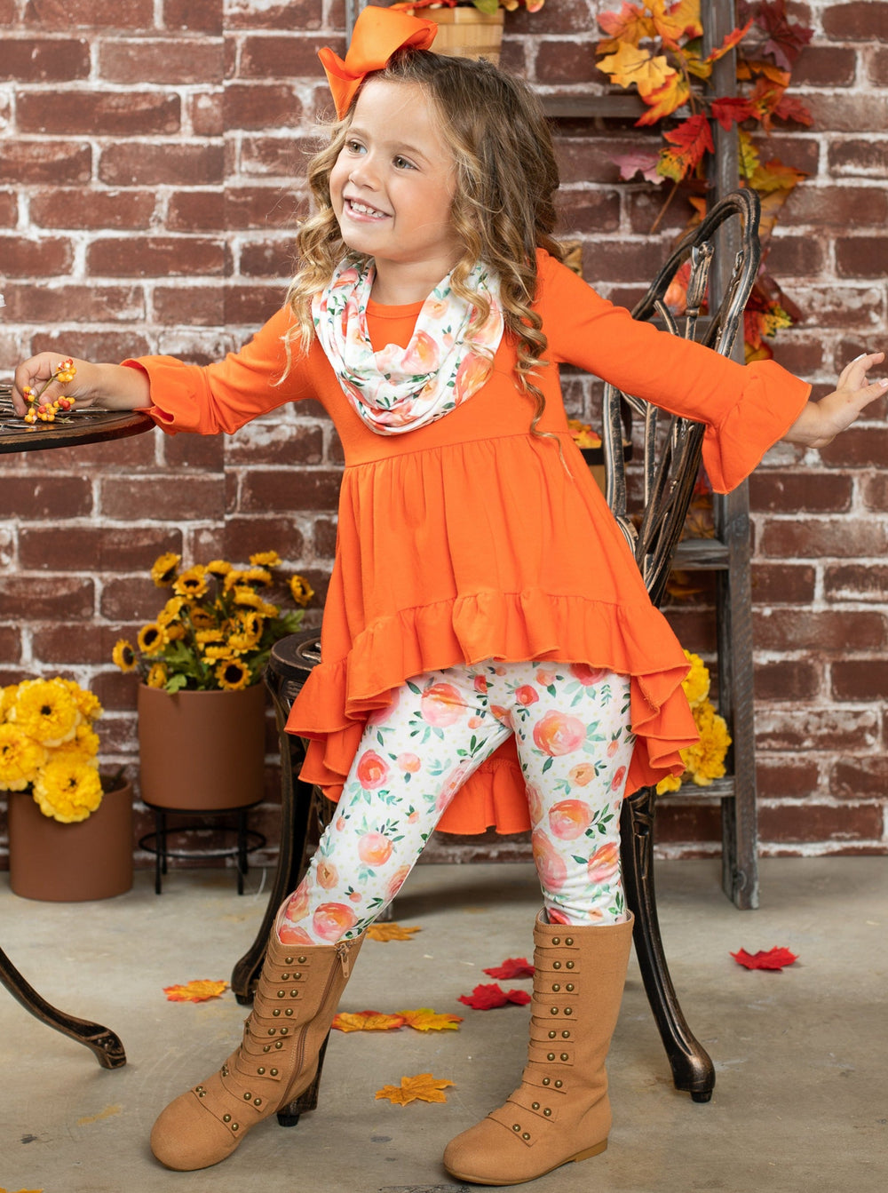 Little girls Fall long-sleeve hi-lo tunic with ruffle hem and cuffs, floral print leggings, and matching infinity wrap scarf  - Mia Belle Girls