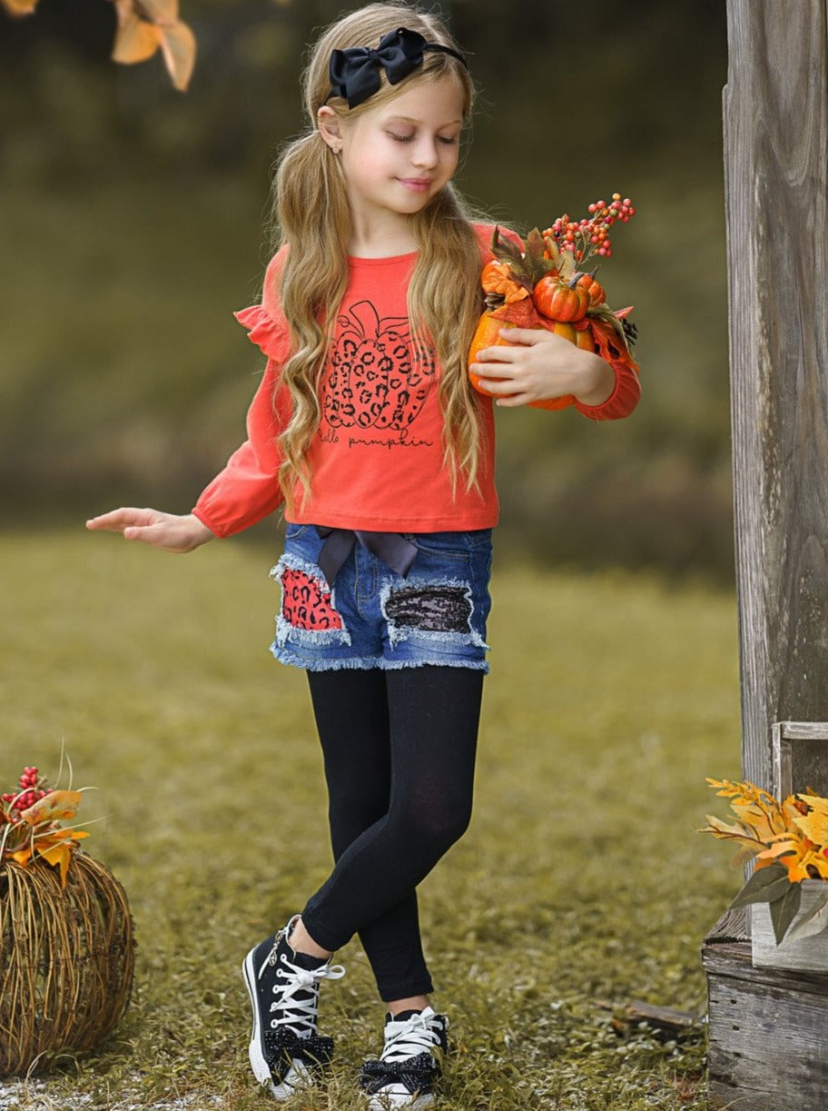 Hello Pumpkin Top, Patched Denim Shorts and Legging Set – Mia
