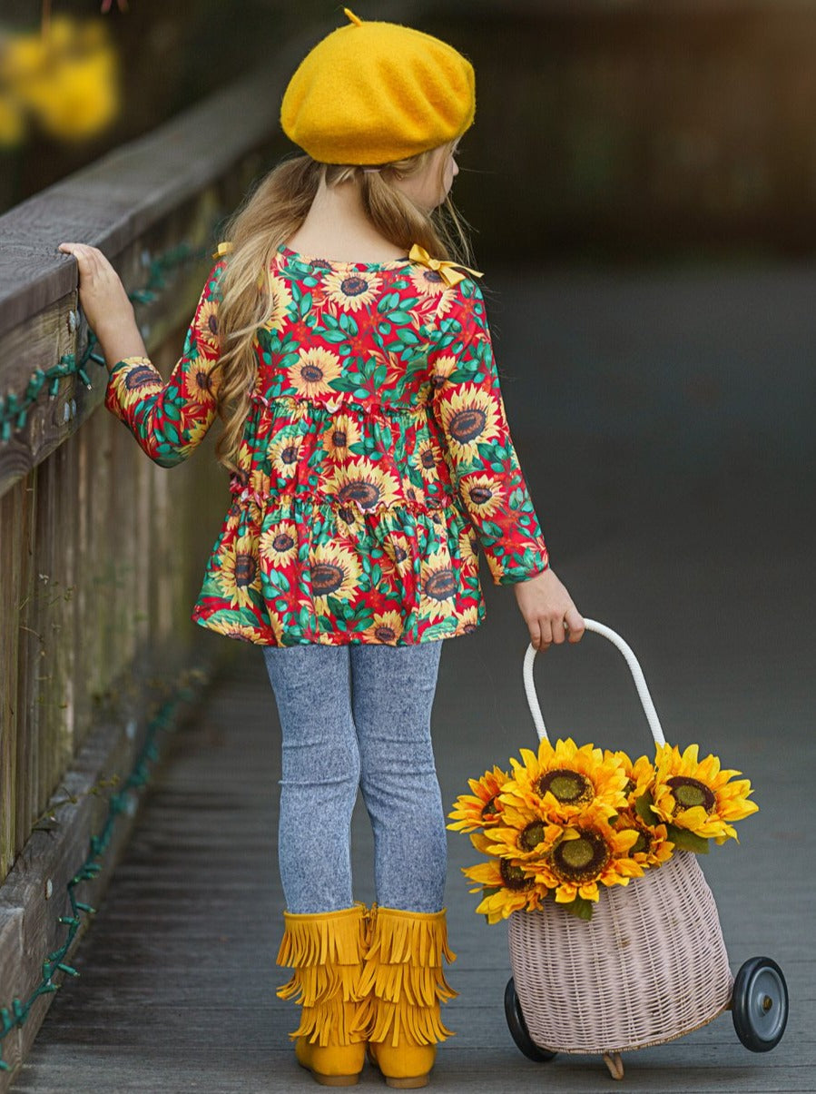 Fall Outfits | Sunflower Runic & Patched Jeans Set | Cute Girls Sets
