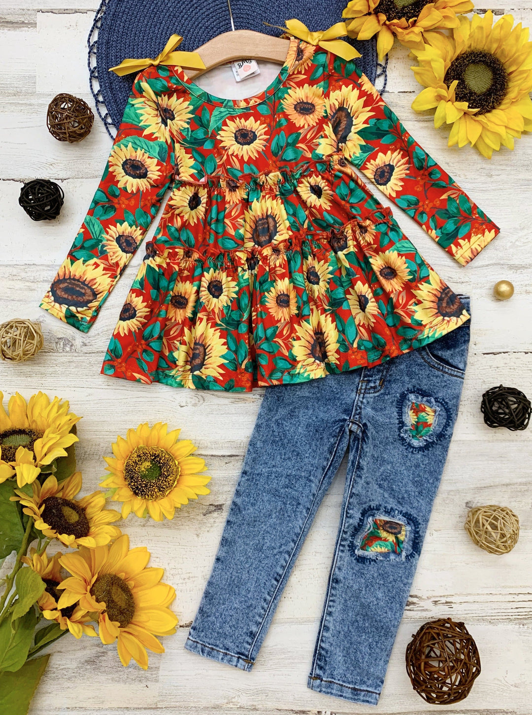 Fall Outfits | Sunflower Runic & Patched Jeans Set | Cute Girls Sets