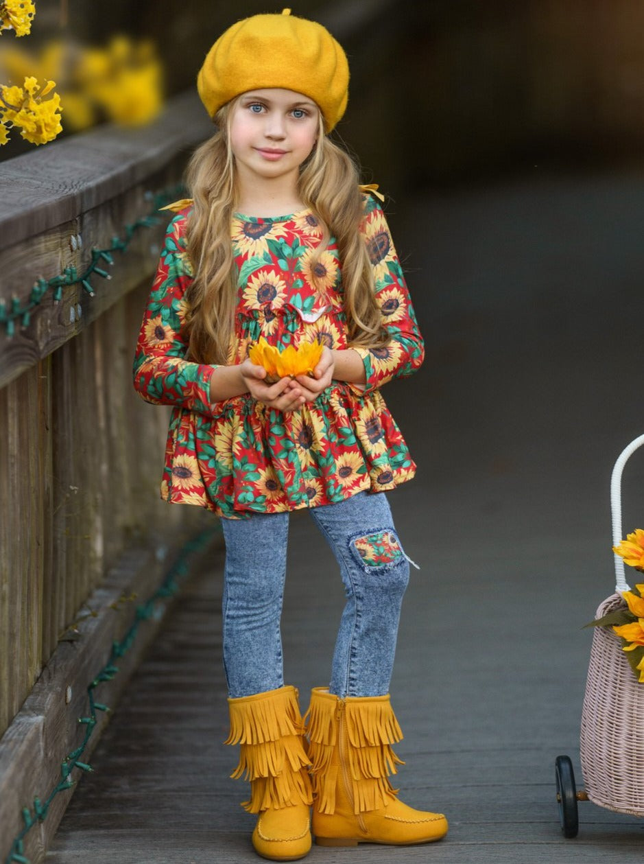 Fall Outfits | Sunflower Runic & Patched Jeans Set | Cute Girls Sets