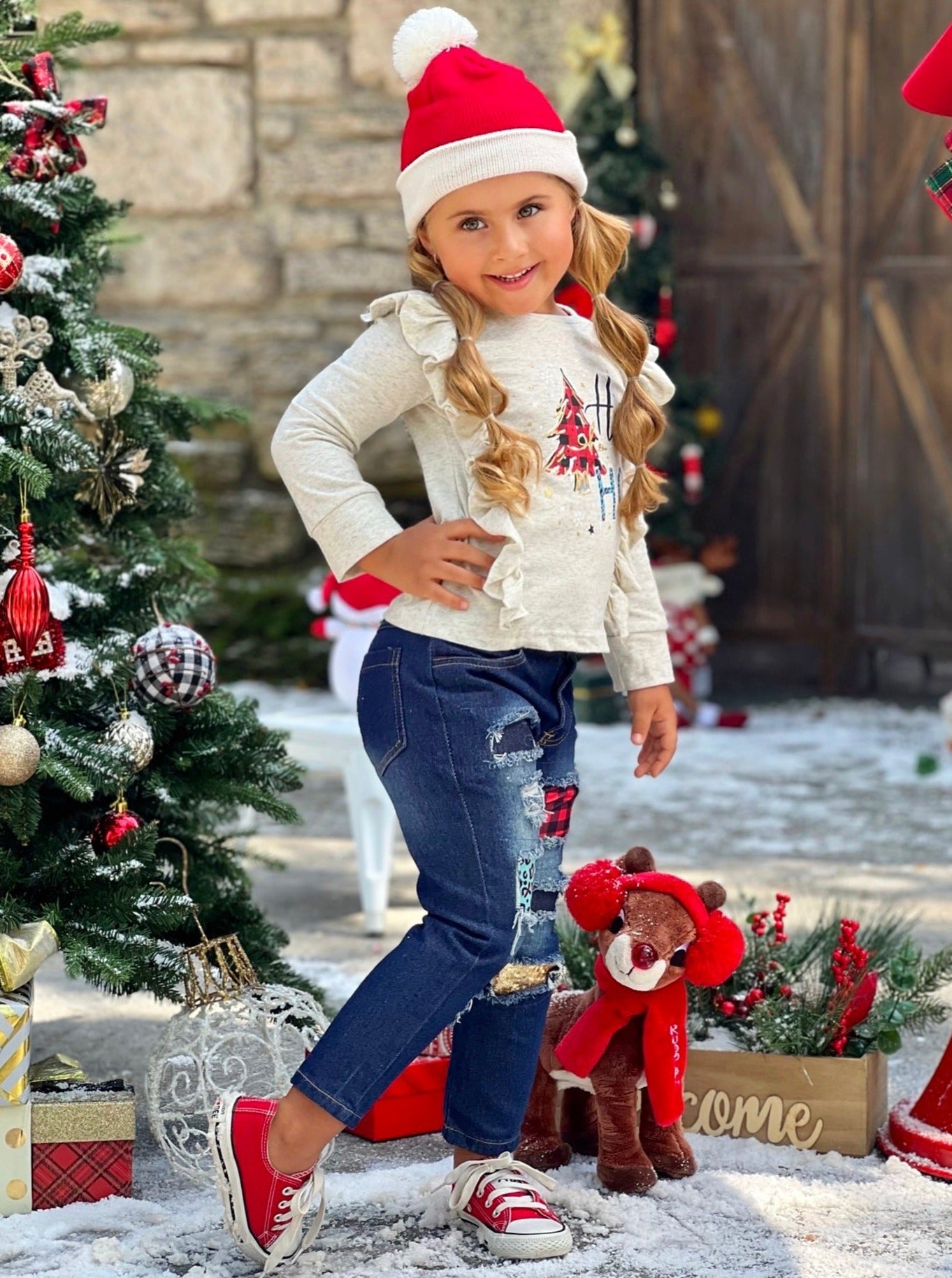Cute Winter Sets | Merry Christmas Ruffled Top & Patched Jeans Set