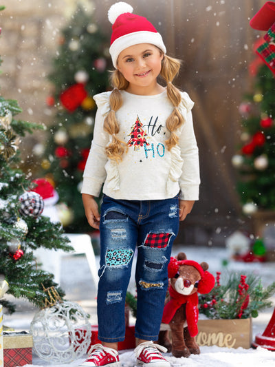 Cute Winter Sets | Merry Christmas Ruffled Top & Patched Jeans Set