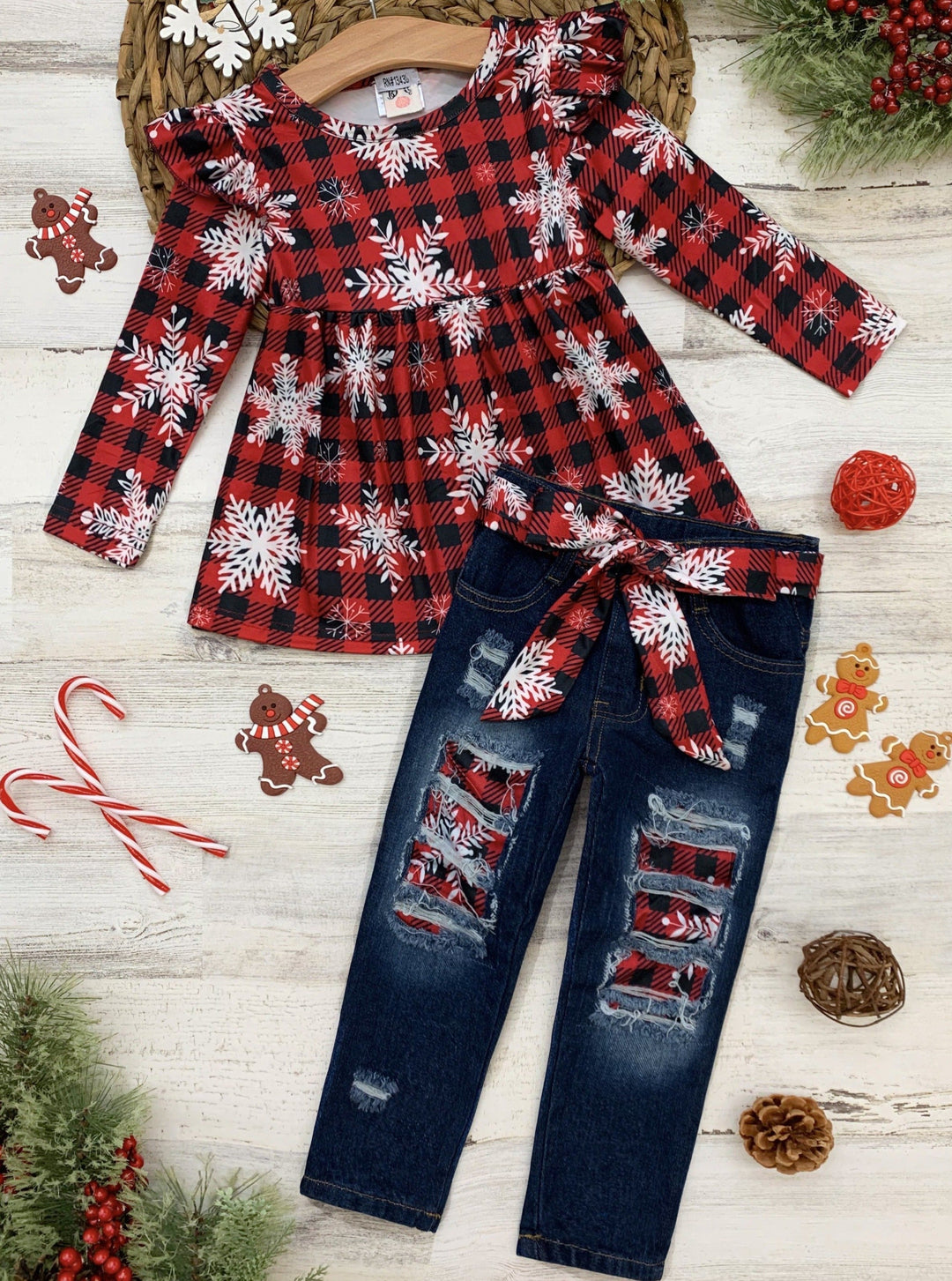 Cute Winter Sets | Girls Snow Plaid Ruffle Tunic And Patched Jeans Set