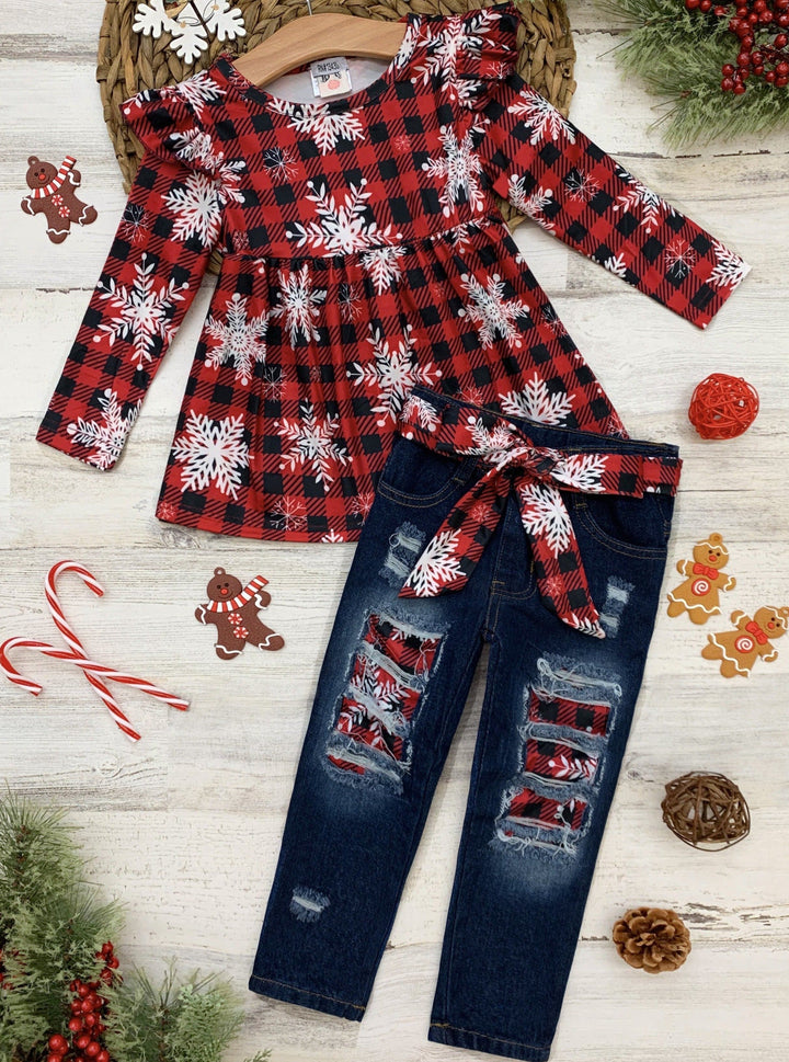Cute Winter Sets | Girls Snow Plaid Ruffle Tunic And Patched Jeans Set