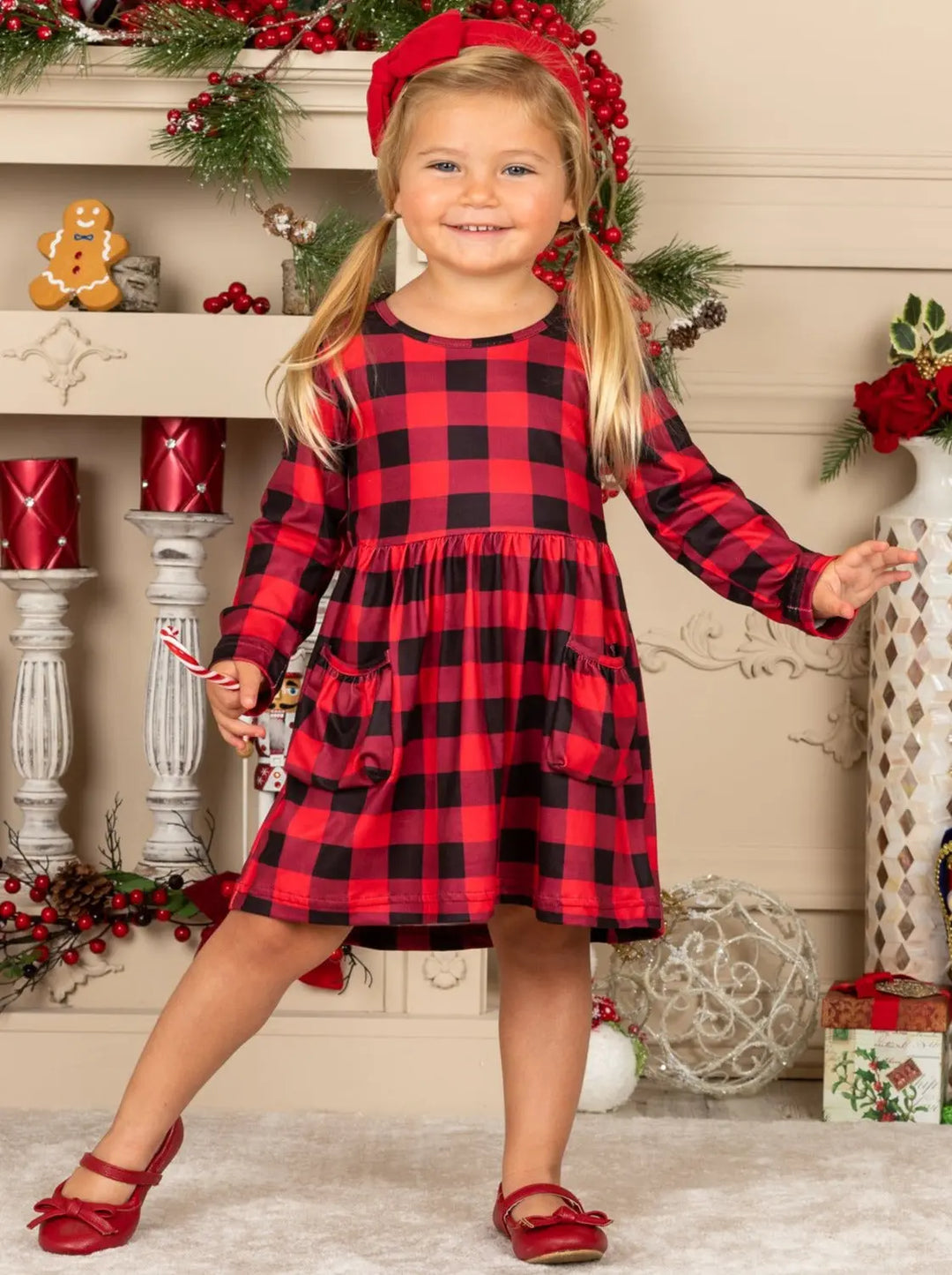 Cute Winter Dresses Girls Long Sleeve Plaid Pocket A-Line Dress